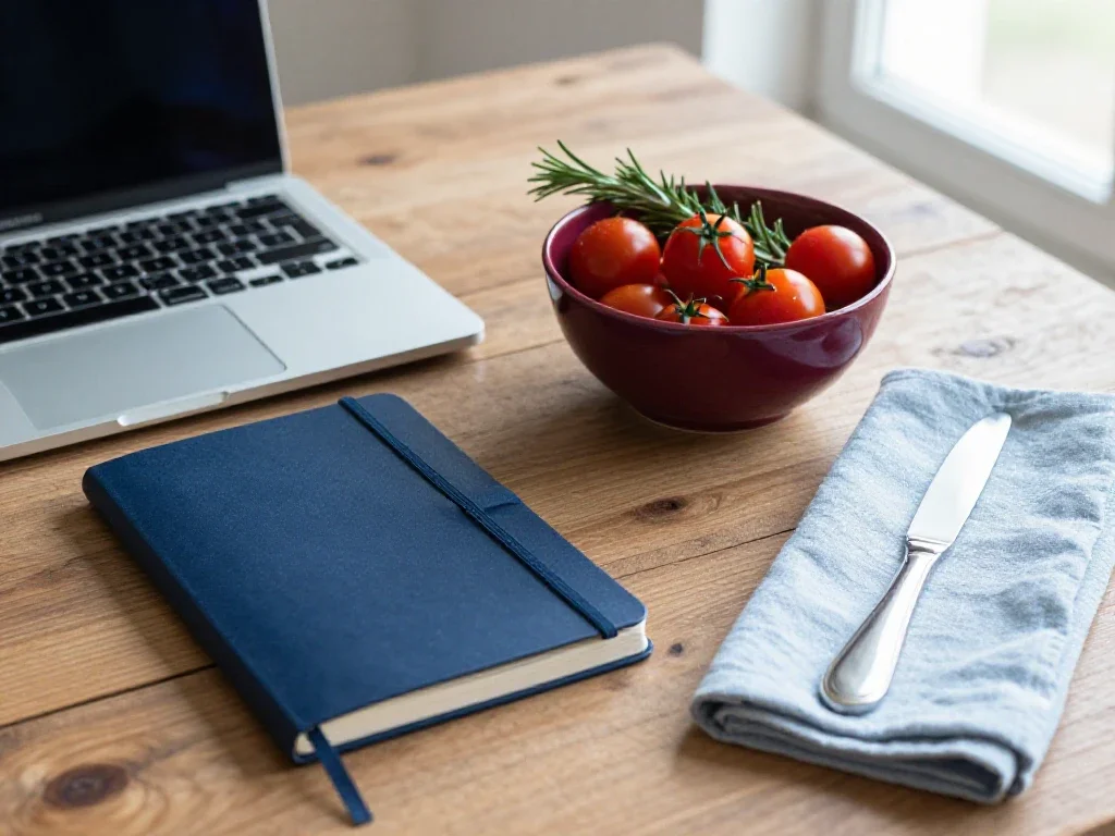 Espace de travail créatif alliant outils numériques, carnet et ingrédients frais pour la cuisine.