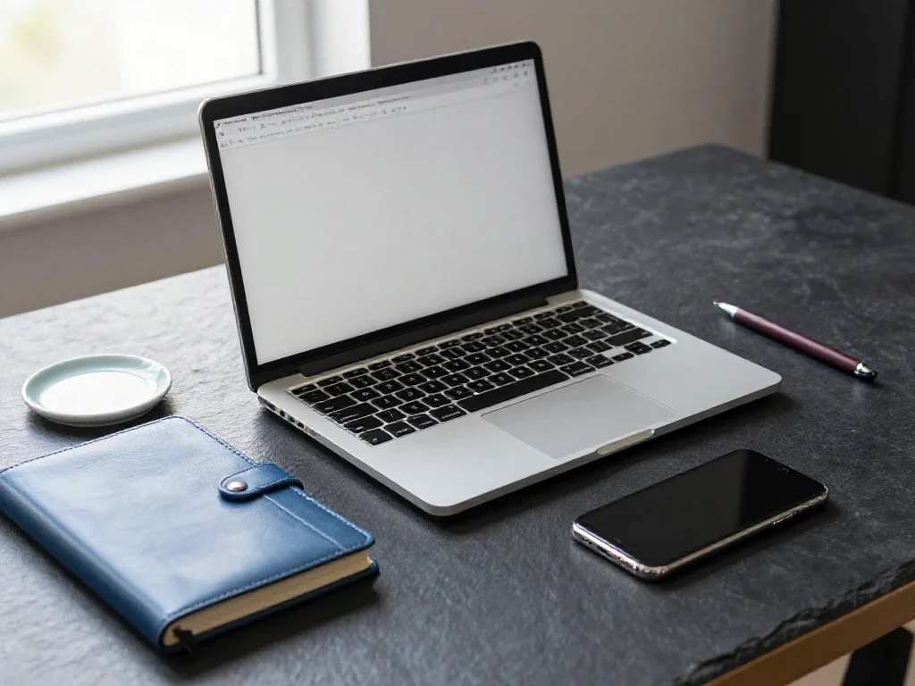 Espace de travail moderne avec ordinateur portable et smartphone illustrant l'innovation technologique quotidienne.
